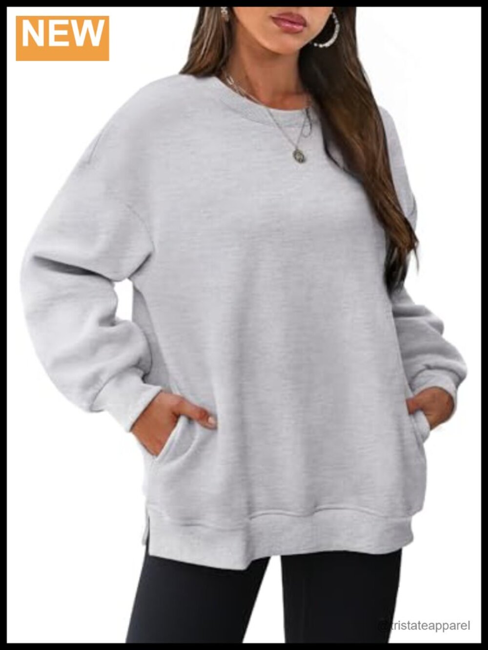 Womens Oversized Crewneck Fleece Sweatshirt Side Slit Pullover